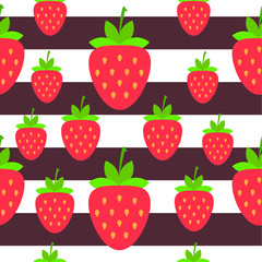 Flat cartoon repeat pattern with many strawberry, vector illustration isolated on white background with dark lines