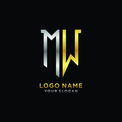 Abstract letter MW shield logo design template. Premium nominal monogram business sign.shield shape Letter Design in silver gold color
