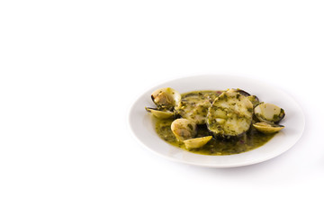 Hake fish and clams with green sauce and copy space. Typical spanish recipe.	