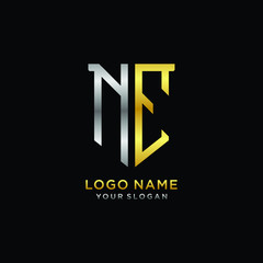 Abstract letter NE shield logo design template. Premium nominal monogram business sign.shield shape Letter Design in silver gold color