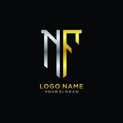 Abstract letter NF shield logo design template. Premium nominal monogram business sign.shield shape Letter Design in silver gold color