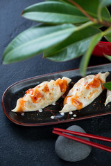 Close-up of pan fried potstickers dumplings with ficus leaves in the background, vertical shot, selective focus