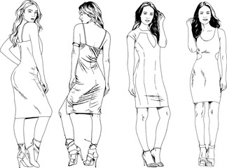 vector drawings on the theme of beautiful slim sporty girl in casual clothes in various poses painted ink hand sketch with no background	