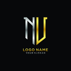 Abstract letter NU shield logo design template. Premium nominal monogram business sign.shield shape Letter Design in silver gold color