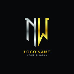 Abstract letter NW shield logo design template. Premium nominal monogram business sign.shield shape Letter Design in silver gold color