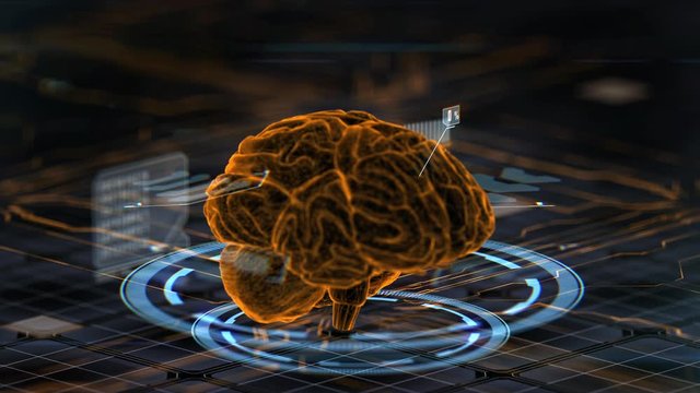 Animation of orange color brain with sci-fi style elements with moving camera. Deep learning computer machine. AI artificial intelligence