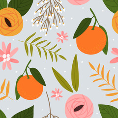 Mandarins and flowers seamless pattern for print, textile, fabric. Modern seasonal winter pattern with fruits.
