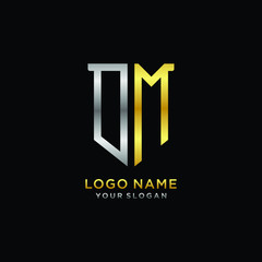 Abstract letter OM shield logo design template. Premium nominal monogram business sign.shield shape Letter Design in silver gold color