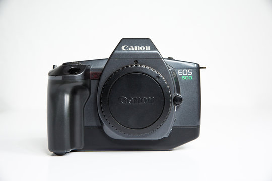 london, england, 05/05/2019 Black Canon EOS 600 Classic 5 frames per second 35mm Film Auto focus SLR Camera Body for EF Lenses, Japanese. retro vintage classic film camera body with body cap.