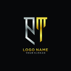 Abstract letter PT shield logo design template. Premium nominal monogram business sign.shield shape Letter Design in silver gold color