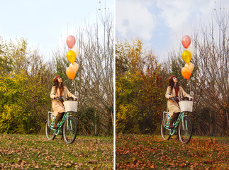 before and after results retouching and photo manipulation, girl riding bicycle in park, outdoor...