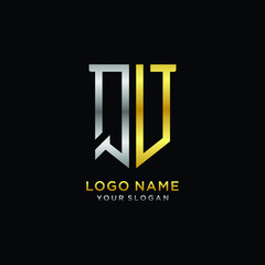 Abstract letter QV shield logo design template. Premium nominal monogram business sign.shield shape Letter Design in silver gold color