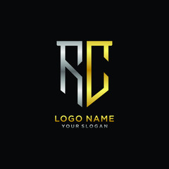 Abstract letter RC shield logo design template. Premium nominal monogram business sign.shield shape Letter Design in silver gold color