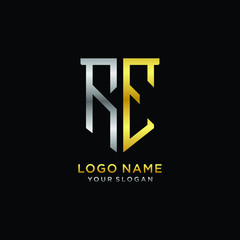 Abstract letter RE shield logo design template. Premium nominal monogram business sign.shield shape Letter Design in silver gold color