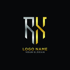 Abstract letter RX shield logo design template. Premium nominal monogram business sign.shield shape Letter Design in silver gold color
