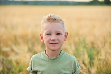 Portrait of a handsome blond boy with blue eyes in a wheat field