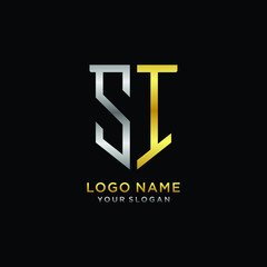 Abstract letter SI shield logo design template. Premium nominal monogram business sign.shield shape Letter Design in silver gold color