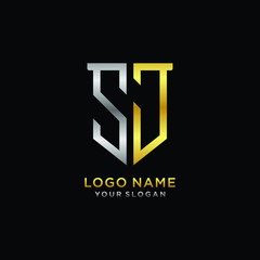Abstract letter SJ shield logo design template. Premium nominal monogram business sign.shield shape Letter Design in silver gold color