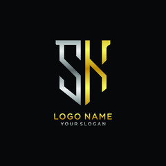 Abstract letter SK shield logo design template. Premium nominal monogram business sign.shield shape Letter Design in silver gold color