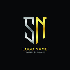 Abstract letter SN shield logo design template. Premium nominal monogram business sign.shield shape Letter Design in silver gold color