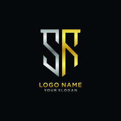 Abstract letter SR shield logo design template. Premium nominal monogram business sign.shield shape Letter Design in silver gold color