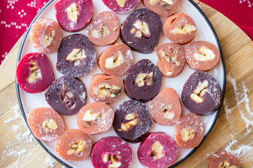 Churchkhela - Georgian dessert candy sweets with walnuts, grape juice and wheat flour.