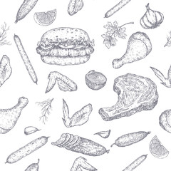 Meat products seamless pattern featuring sketches of cold meats, sausages, hamburger, steak, chicken, vegetables. - 307684187
