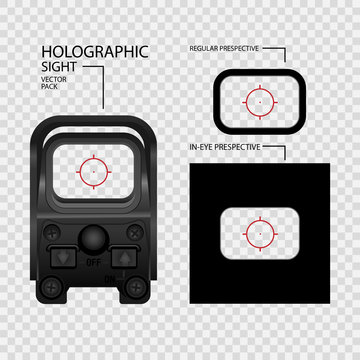 realistic holographic sight scope with measurement marks collection vector set. scope template isolated on transparent background. optical sight in different perspective view.