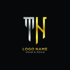 11 Abstract letter TH shield logo design template. Premium nominal monogram business sign.shield shape Letter Design in silver gold color