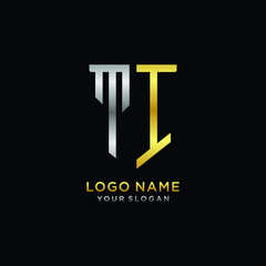 11 Abstract letter TI shield logo design template. Premium nominal monogram business sign.shield shape Letter Design in silver gold color