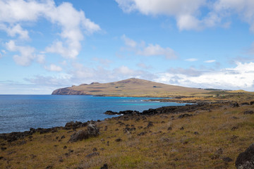 View of the Easter Island landscape with the Poike volcano in the background, Easter Island, Chile