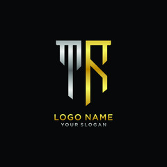 11 Abstract letter TR shield logo design template. Premium nominal monogram business sign.shield shape Letter Design in silver gold color