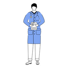 Male doctor flat vector illustration. General practitioner holding patient card. Therapist, physician with stethoscope. Medical worker. Doc, medic, cardiologist cartoon character isolated on white