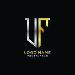 11 Abstract letter UF shield logo design template. Premium nominal monogram business sign.shield shape Letter Design in silver gold color