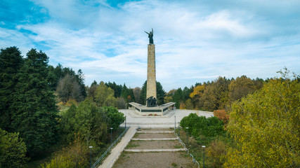 Obraz premium Aerial view of monument of SFRJ architecture in woods. Fruska Gora mountain near Novi Sad.
