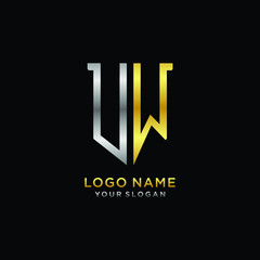 11 Abstract letter UW shield logo design template. Premium nominal monogram business sign.shield shape Letter Design in silver gold color