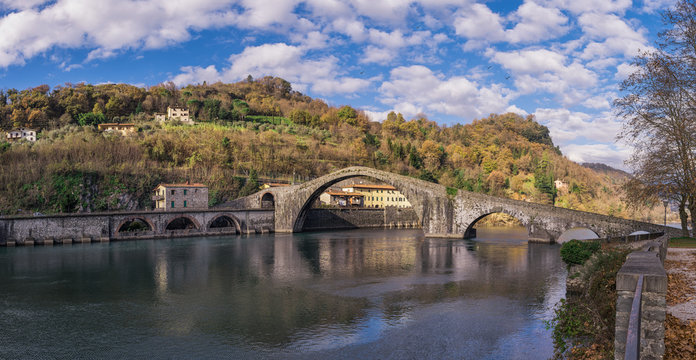 panorama of the vacation spot Ponte della Maddalena or Ponte del Diavolo ( Devil's Bridge) in Borgo a Mozzano Lucca. tuscany Italy