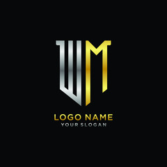 11 Abstract letter WM shield logo design template. Premium nominal monogram business sign.shield shape Letter Design in silver gold color