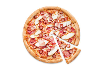 Delicious pizza with chicken fillet, ham, bacon, sausages, tomato sauce and mozzarella, isolated on white background