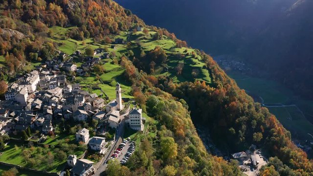Aerial 4K - Soglio - Bregaglia Valley - Switzerland - Autumnal panoramic view