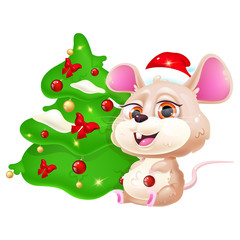 Cute rat kawaii cartoon vector character. Asian zodiac symbol of 2020 year. Adorable and funny animal sitting near Christmas tree isolated sticker, patch. Anime baby mouse emoji on white background