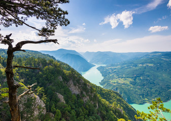 Fototapeta na wymiar Views of green hills and beautiful lake while trekking in Tara national park in Serbia