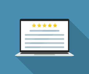 Laptop with online customer review in a flat design. Vector illustration