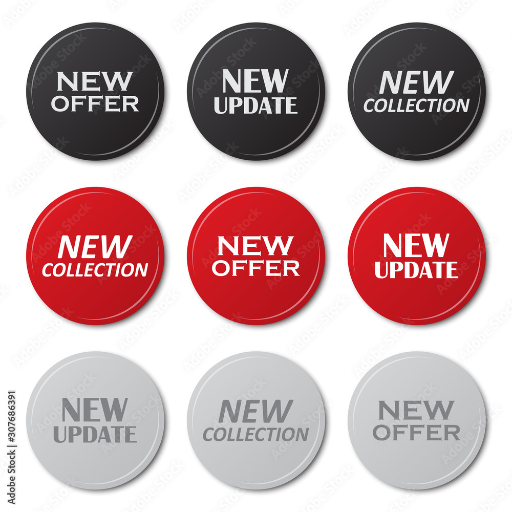 Poster set of new offer, new update, new collection buttons with shadow