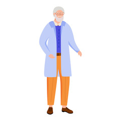 University chemistry professor flat vector illustration. Elderly man in blue lab coat. Old scientist wearing glasses. School science teacher isolated cartoon character on white background