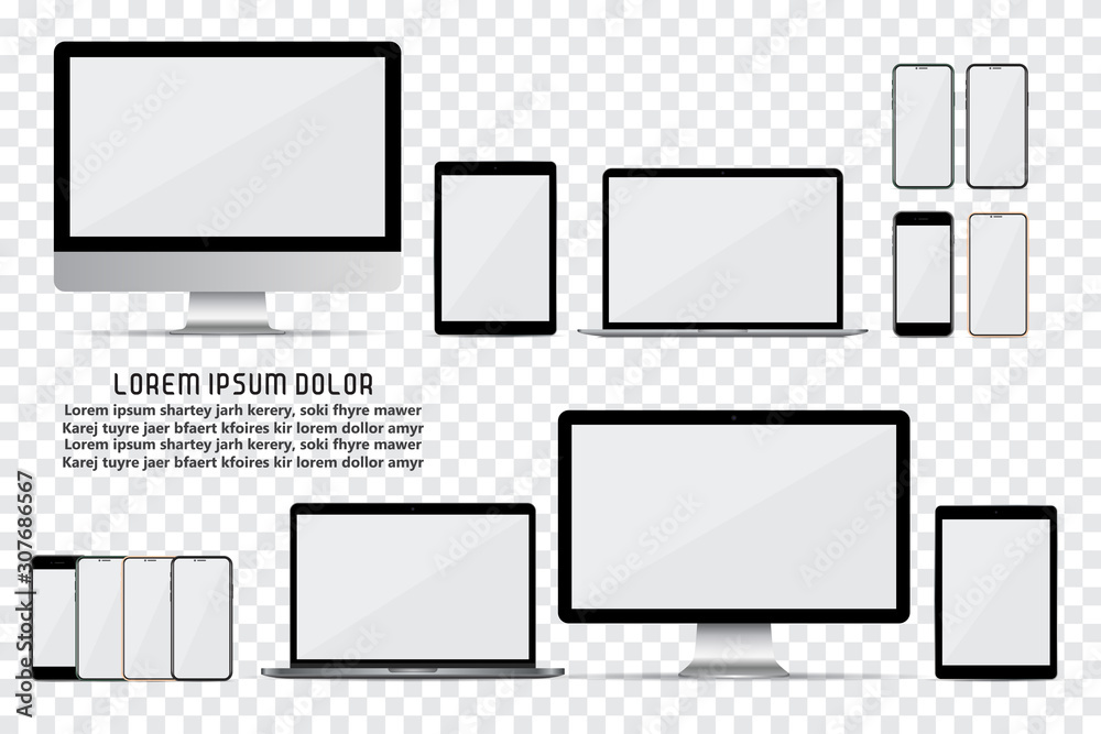 Wall mural set of computer monitor, laptop, smartphone and tablet with empty screen on a transparent background
