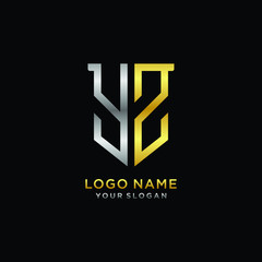 11 Abstract letter YZ shield logo design template. Premium nominal monogram business sign.shield shape Letter Design in silver gold color