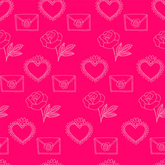 Valentine's Day seamless with hand drawn elements. Vector wedding pattern. Pink celebration background.
