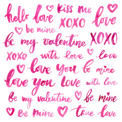 Unique handdrawn lettering set of words and phrases. Romantic design elements for Valentine's day, greeting cards, save the date invitation cards and posters. Pink ink.