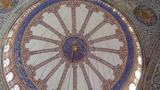 Blue Mosque beautiful vintage ornament on the ceiling indoors. Istanbul, Turkey